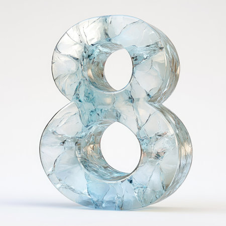 Ice number 8. 3d render transparent ice font with cracks isolated on white backgroundの素材