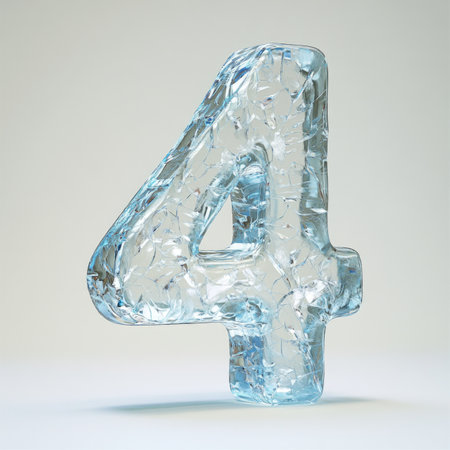Ice number 4 isolated on white background. 3d rendered cracked ice font.の素材