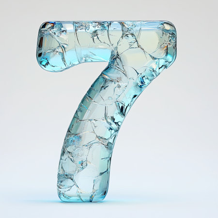 Ice number 7. 3D render cracked ice font isolated on white backgroundの素材