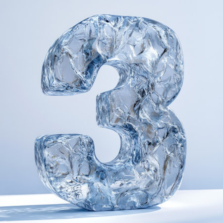 Ice number 3 on blue background. 3d render ice font.の素材