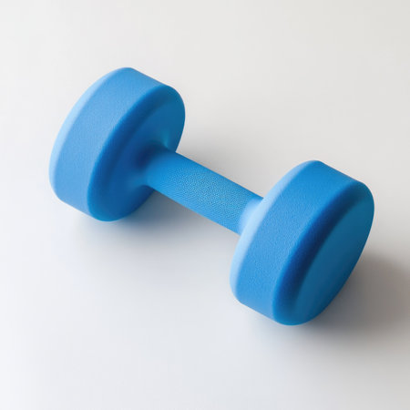 Blue dumbbells on white background, sport and fitness equipment conceptの素材