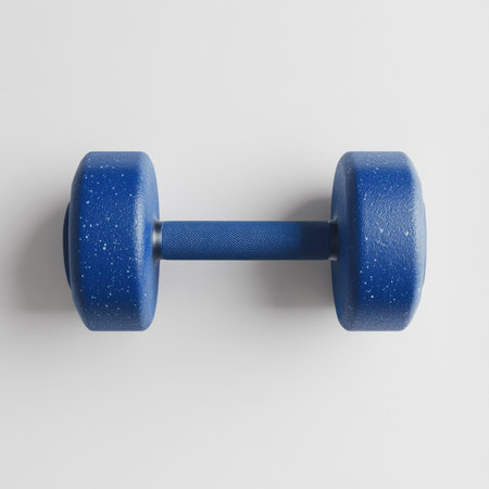 Blue dumbbell isolated on a white background. 3d rendering.の素材