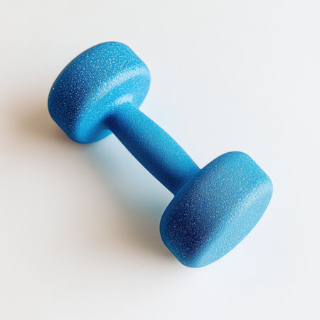 Blue dumbbell isolated on white background. Minimalistic style.の素材
