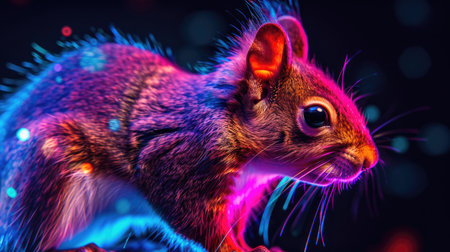 Fantasy illustration of a little mouse with colorful neon lights on a black background.の素材