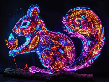 Neon squirrel on a stone in the form of a luminous ballの素材