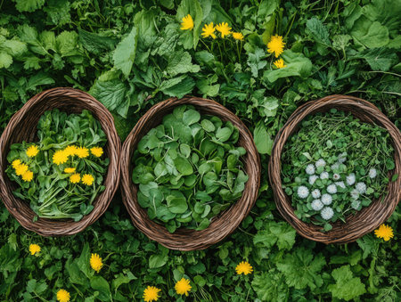 Wicker baskets with green grass and dandelions in the gardenの素材