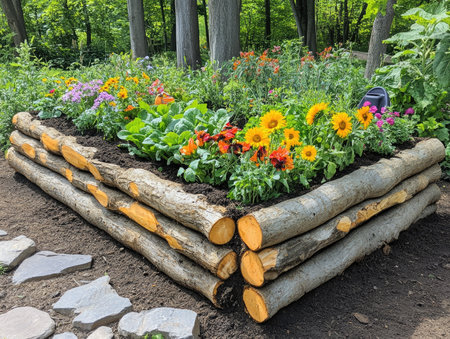 Flowerbed with sunflowers and wooden logs in the gardenの素材