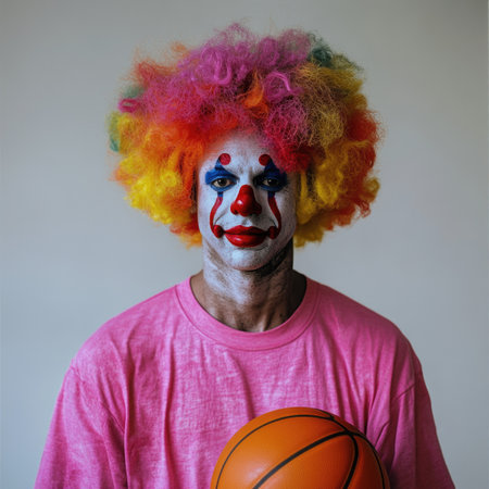Portrait of a clown with a basketball on a gray background.の素材