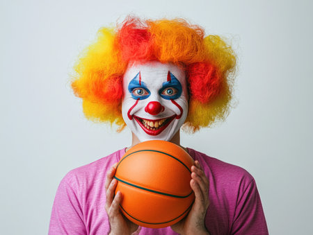Portrait of a clown holding a basketball against a white background.の素材