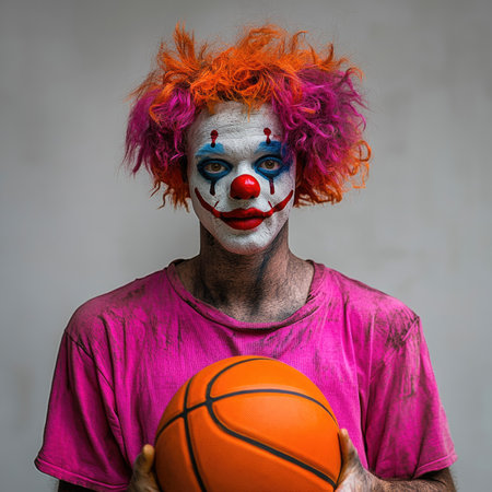 Portrait of a clown with a basketball on a gray background.の素材