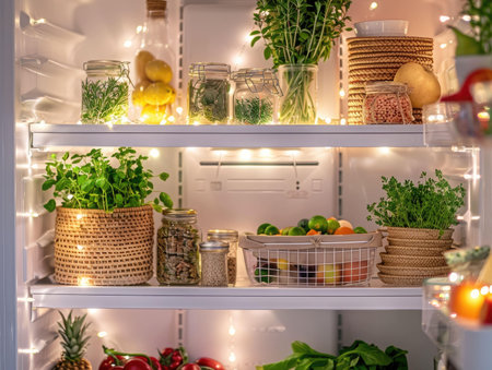 Open fridge full of fresh herbs and vegetables, healthy eating concept.の素材