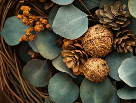 Eucalyptus and pine cones in a wicker basketの素材