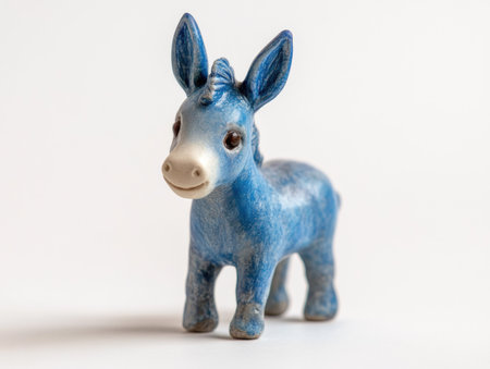 Blue toy donkey isolated on white background, close-up, selective focusの素材
