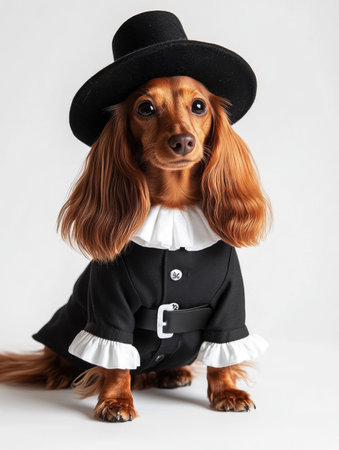Dachshund dog in black hat and costume on white backgroundの素材