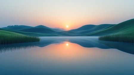 Serene sunrise over a tranquil lake, peaceful landscape view, scenic nature reflectionの素材