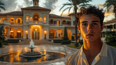 Young Man in Elegant Mansion at Sunsetの素材