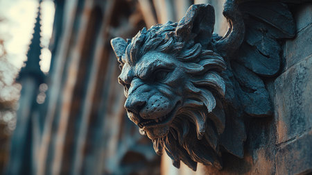 Stone Lion Gargoyle with Detailed Wings - Gothic Cathedral Art, Architectural Detailの素材