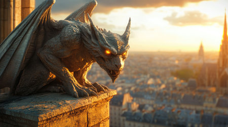 Gothic Gargoyle Overlooking City - Dusk Setting, Mystical Presenceの素材