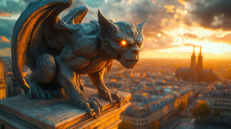 Gargoyle with Glowing Eyes - Overlooking City at Sunset, Gothic Artの素材