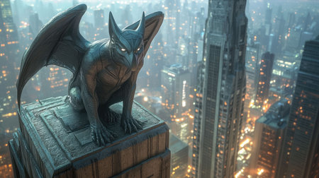 Dark Gargoyle Overlooking Modern City, Gargoyle at Night in Urban Landscape, Mysterious Gargoyle with City Skylineの素材