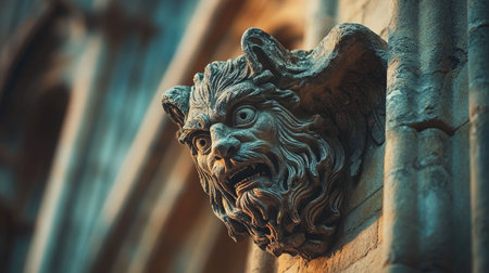 Historic Gargoyle Face with Intense Expression - Gothic Art, Stone Carving on Cathedral Wallの素材