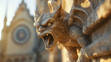 Fierce Gargoyle with Snarling Expression - Iconic Building, Stonework Detailの素材
