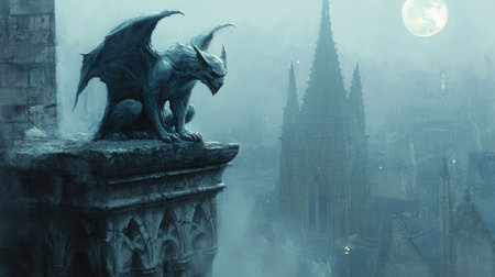 Eerie Gargoyle Over Foggy City - Dark Atmosphere, Gothic Protectorの素材