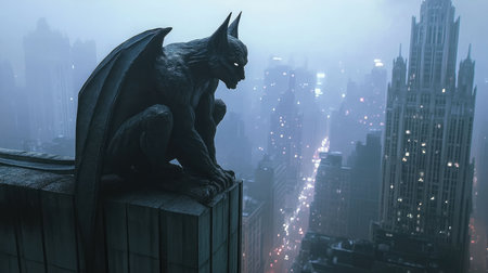 Dark Gargoyle Watching Over City Skyline, Gothic Gargoyle in Cityscape, Nighttime Gargoyle Viewの素材