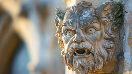 Close-up of Gargoyle Sculpture with Intense Expression - Gothic Stonework, Cathedral Decorationの素材