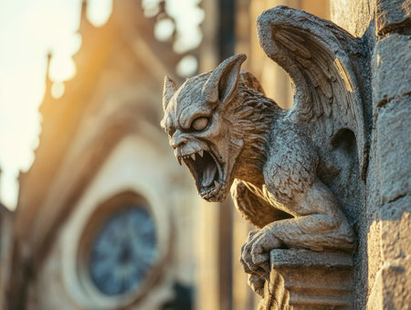 Gargoyle Statue with Open Mouth on Gothic Cathedral, Iconic Mythical Creature in Stone Architectureの素材