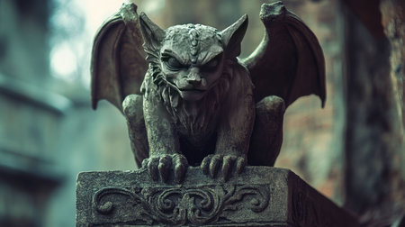 Vintage Gargoyle in Rustic Setting, Weathered Gargoyle on Stone Pedestal, Gothic Gargoyle with Ancient Detailingの素材