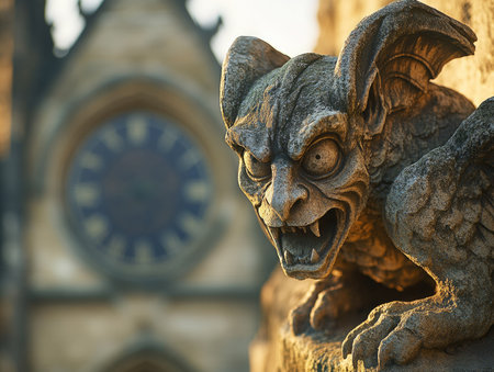 Winged Gargoyle Statue on Cathedral, Mythical Beast with Open Mouth in Gothic Architectureの素材