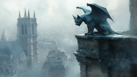 Gargoyle Overlooking Cityscape - Gothic Skyline, Mythical Protectorの素材