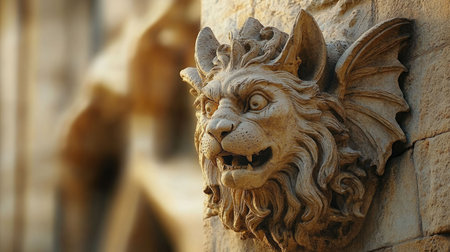 Gothic Gargoyle Lion Sculpture on Cathedral Facade - Medieval Architecture, Stone Art Detailの素材