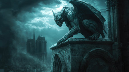 Gothic Gargoyle Statue on Cathedral, Mythical Creature, Dark Skyの素材