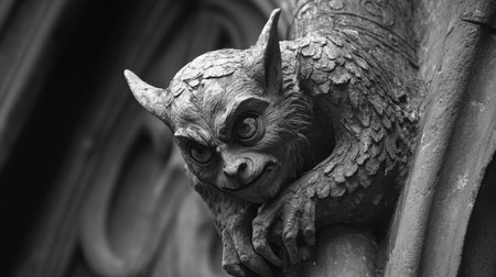 Fierce Gargoyle Statue on Cathedral with Wings - Gothic Stone Sculpture, Medieval Artの素材