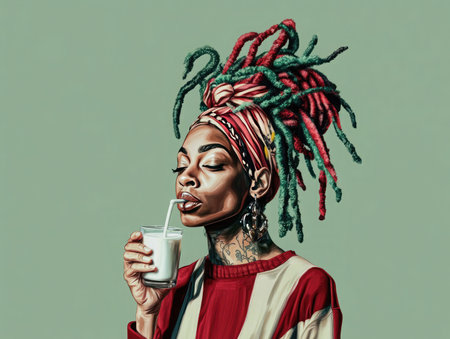 Woman drinking coffee, peaceful morning vibes, dreadlocks and colorful patternsの素材