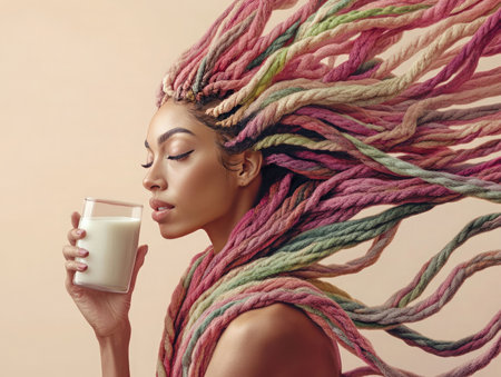 Creative woman sipping coffee, dynamic hair flow, artistic morning moodの素材