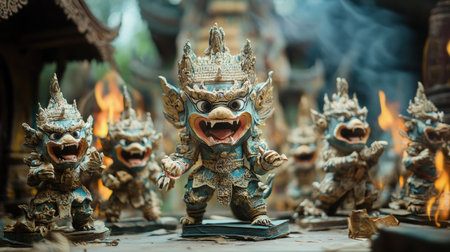 Collection of Thai guardian statues in an artistic display, intricate temple carvings, miniature sculpturesの素材