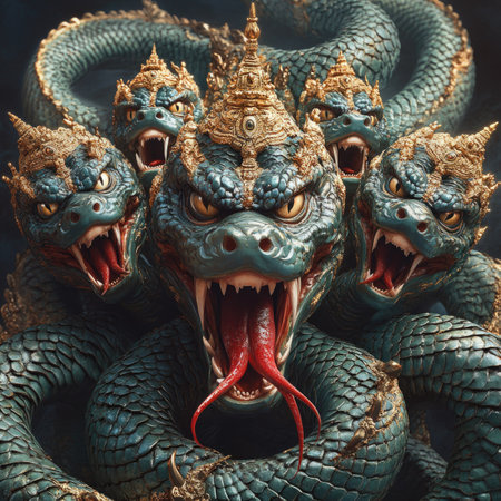 Seven-headed Naga serpent guardian, fierce mythological protector with golden crownsの素材