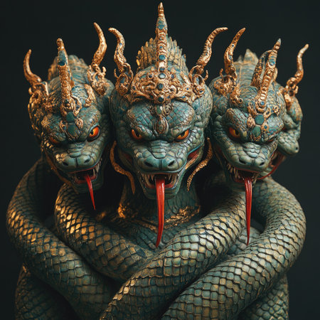 Seven-headed serpent Naga, detailed scales, golden crowned heads, fierce mythical guardian figureの素材