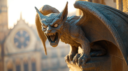 Gothic gargoyle statue, architectural stone carving, historic building ornamentの素材