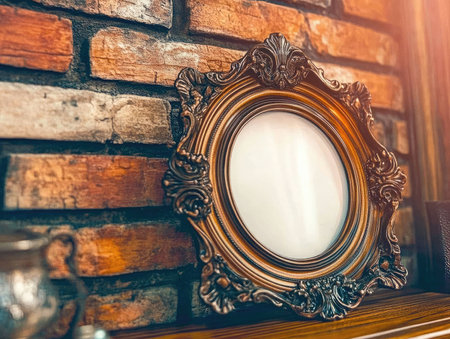 Ornate vintage mirror on brick wall, antique mirror design, rustic home dÃ©corの素材