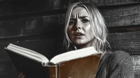 A young woman with an expressive reaction while reading a book, indoors, conveying a mix of surprise and curiosity, showcasing an emotional and dramatic moment.の素材