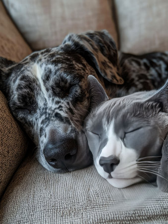 Spotted dog and gray-and-white cat sleeping on a couch, close-up, peaceful rest, soft textures, cozy atmosphere.の素材