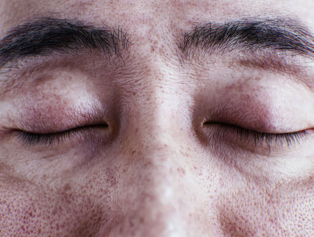 Close-up of closed eyes with skin pigmentation and texture, dermatology focusの素材