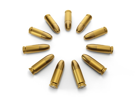 9mm bullets for a gun point in center with isolated on a white background