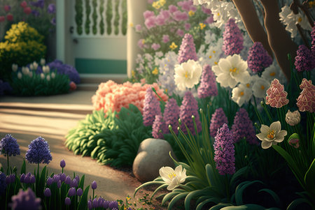 3d render of spring garden with tulips and hyacinthsの素材