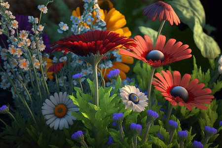 Bouquet of colorful flowers in the garden. 3d renderの素材