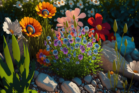 3d render of a flower garden with colorful flowers in the foregroundの素材